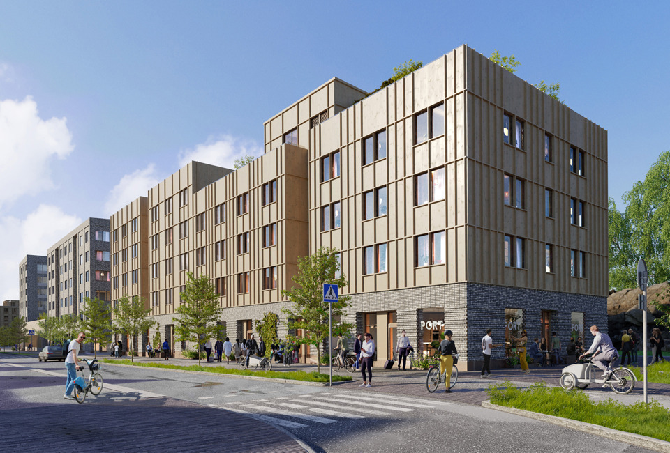 En visionsbild av studentbostäder i kvarteret Högreven i Slakthusområdet, designade av Reflex Arkitekter. Byggnaderna har moderna fasader med träpanel och tegel. På gatan framför byggnaderna promenerar och cyklar människor, och bottenvåningen har lokaler för verksamheter..