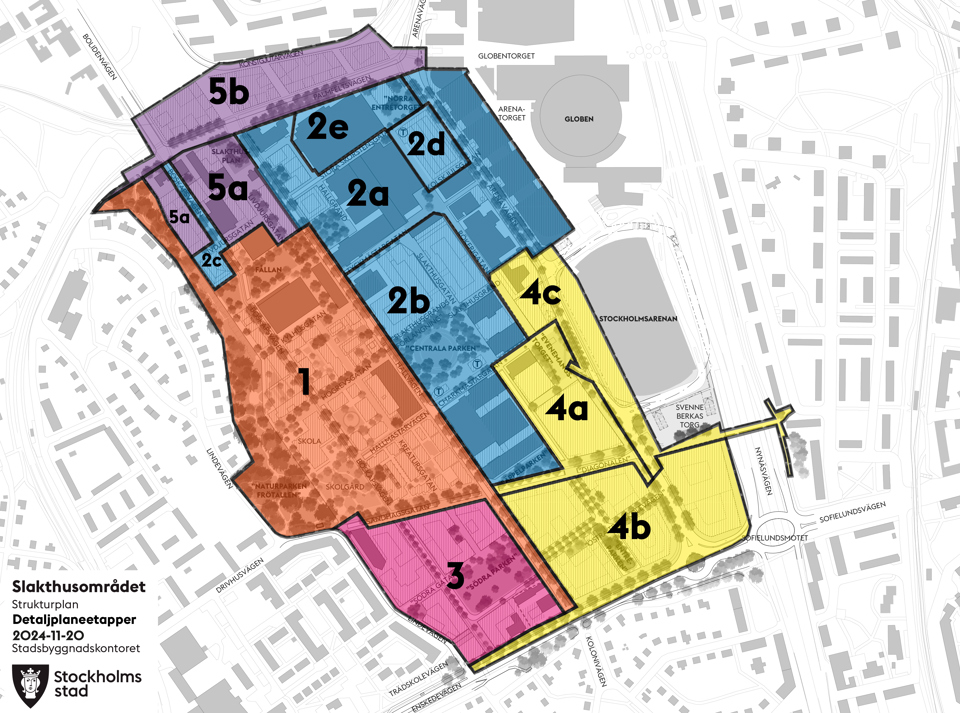 Strukturplan för utvecklingen i Slakthusområdet med olika etapper och detaljplaner markerade med färg och nummer.