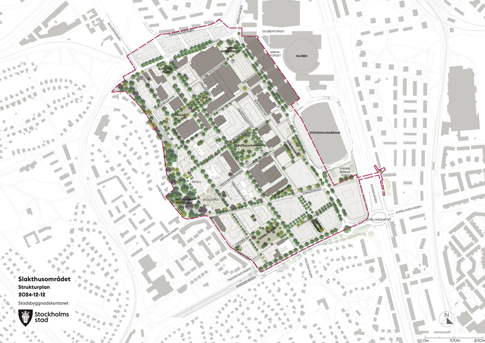 Illustrationsplan över nya Slakthusområdet, uppdaterad 2024-12-12.