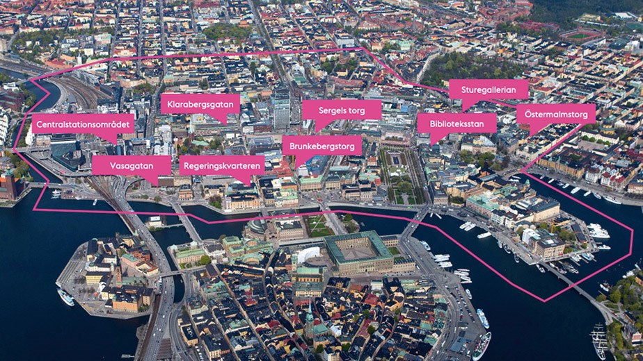 Flygvy över Stockholms innerstad med några planområden markerade med rosa.