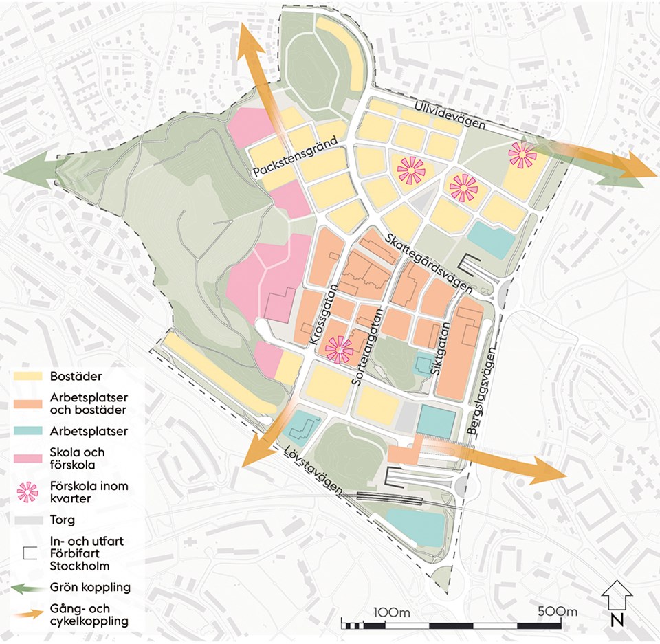 Strukturplan med markeringar för olika typer av byggnationer, till exempel bostäder och förskola, illustration.