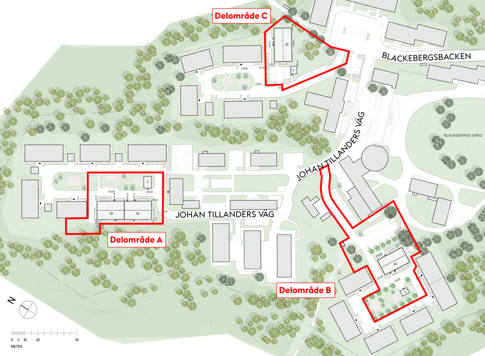 En karta över bebyggelse där områdena a, b och c är inringade. Illustration.