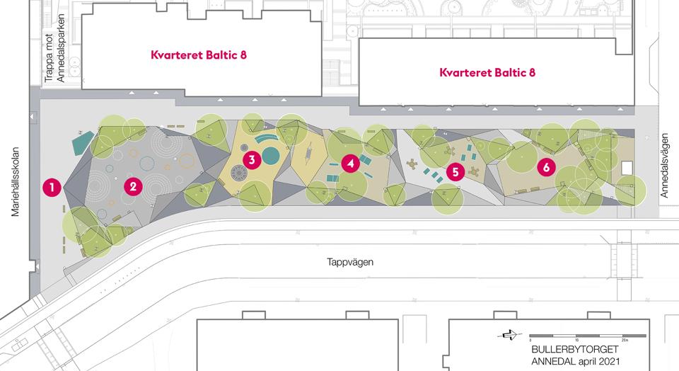 Illustrationsplan över torget med nya ytor markerade, som beskrivs i texten nedan.