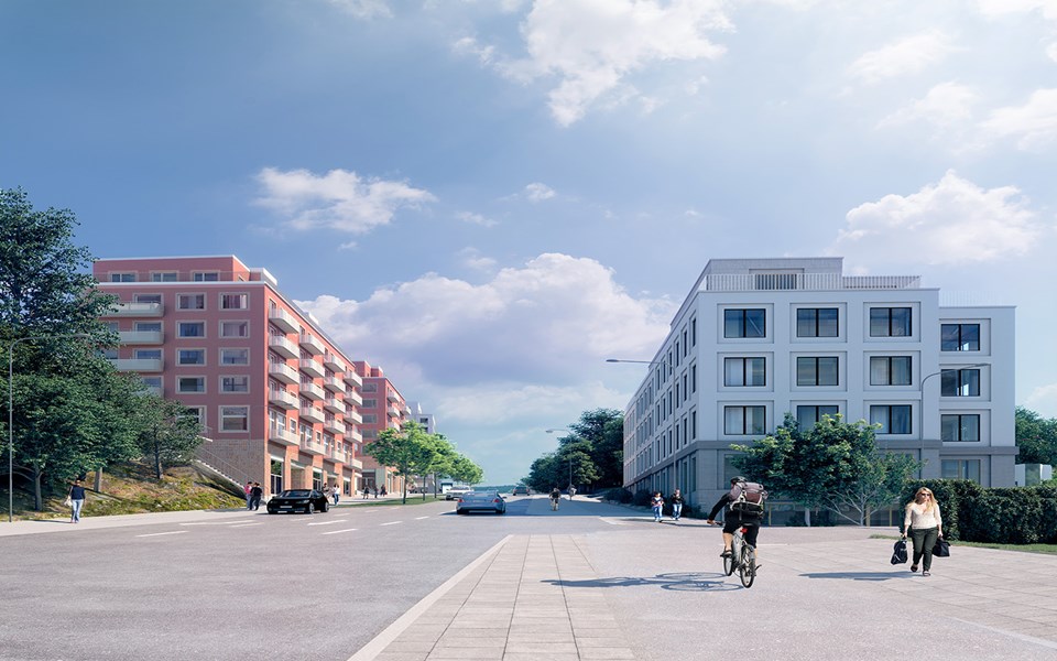 Bostads- och eller kontorshus på båda sidor av en bred gata. Trottoarer och cykelbana med cyklister och gående. Illustration