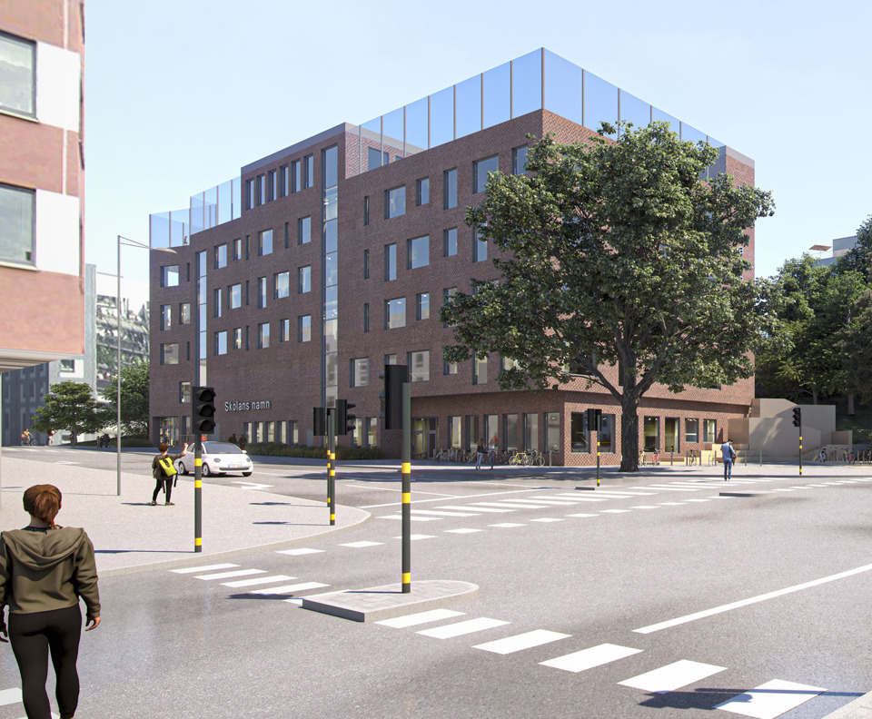 Ett stort tegelhus, skolbyggnad, med 5-6 våningar. Glaspartier och terrasser på översta planet. Huset ligger vid en gatukorsning. Ett stort träd, nästan lika högt som huset, står vid huset i korsningen. Människor i rörelse på trottoar och vid övergångsställe. Illustration