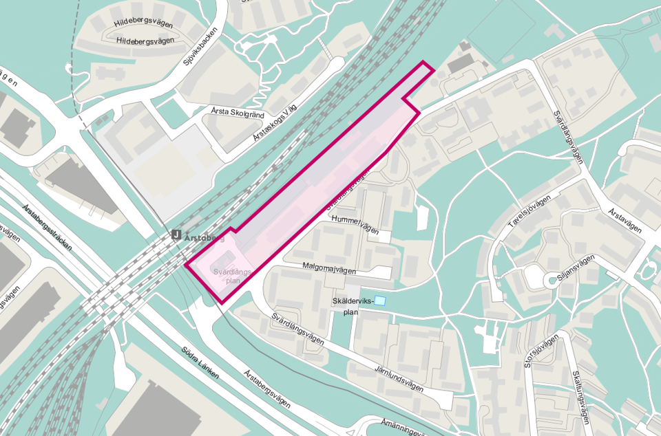 Ungefärligt planområde markerat i rosa. 