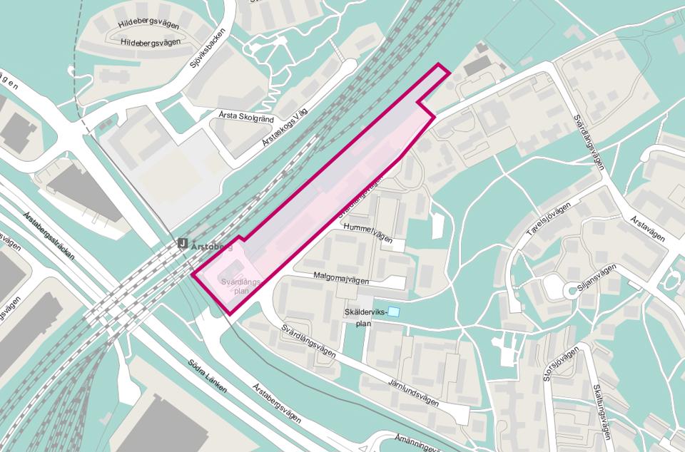 Ungefärligt planområde markerat i rosa. 
