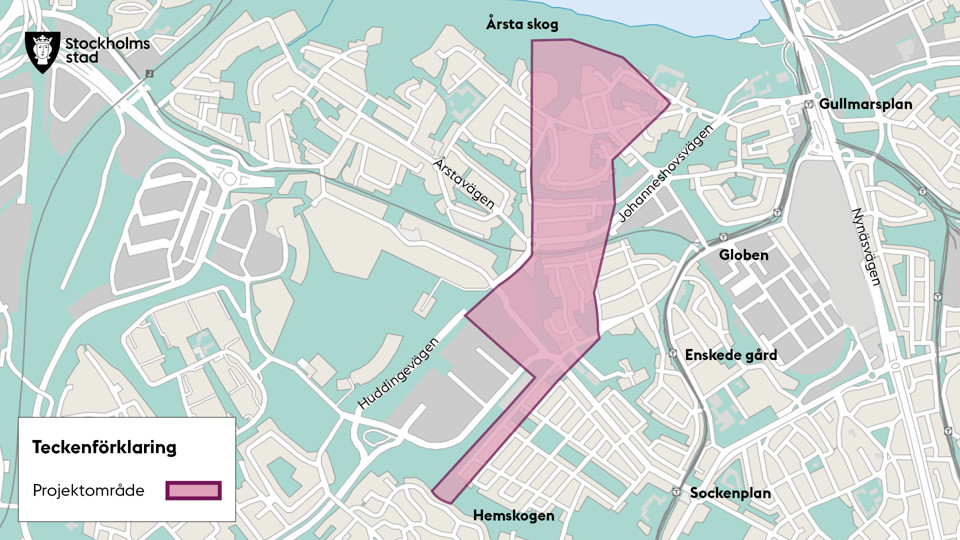 Projektområde markerat i rosa.