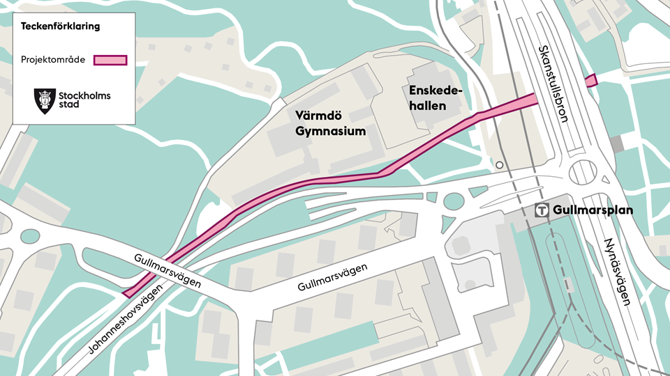 Projektområde längs med Johanneshovsvägen markerat i rosa, karta.