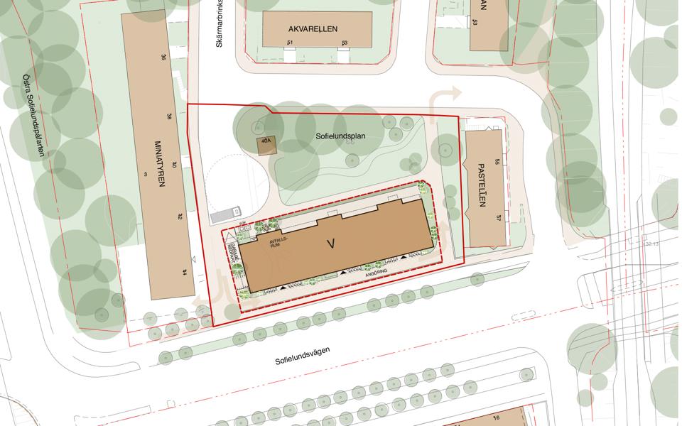 Situationsplan över området med ny bebyggelse, illustration.