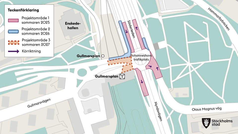 Projektområden markerade i rosa, blå och orange, karta.