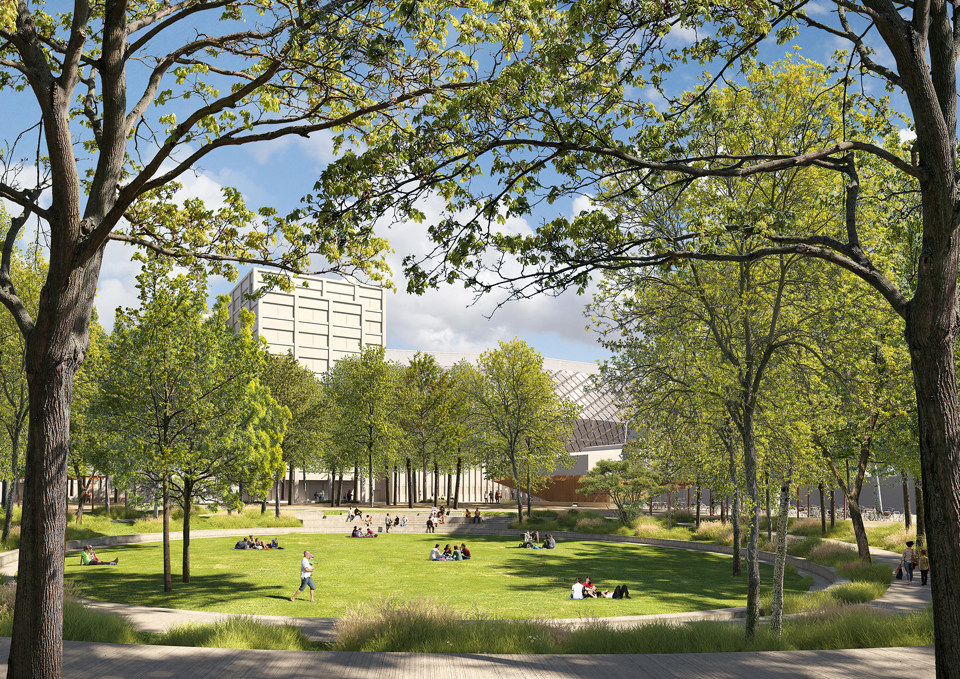 Visionsbild över Centrala parkens nedsänkta gräsrundel som inbjuder till rekreation och vila. Nedsänkningen skapar ett naturligt rum samtidigt som det kan hantera stora volymer vatten vid skyfall. Illustration: Nyréns arkitekter.
