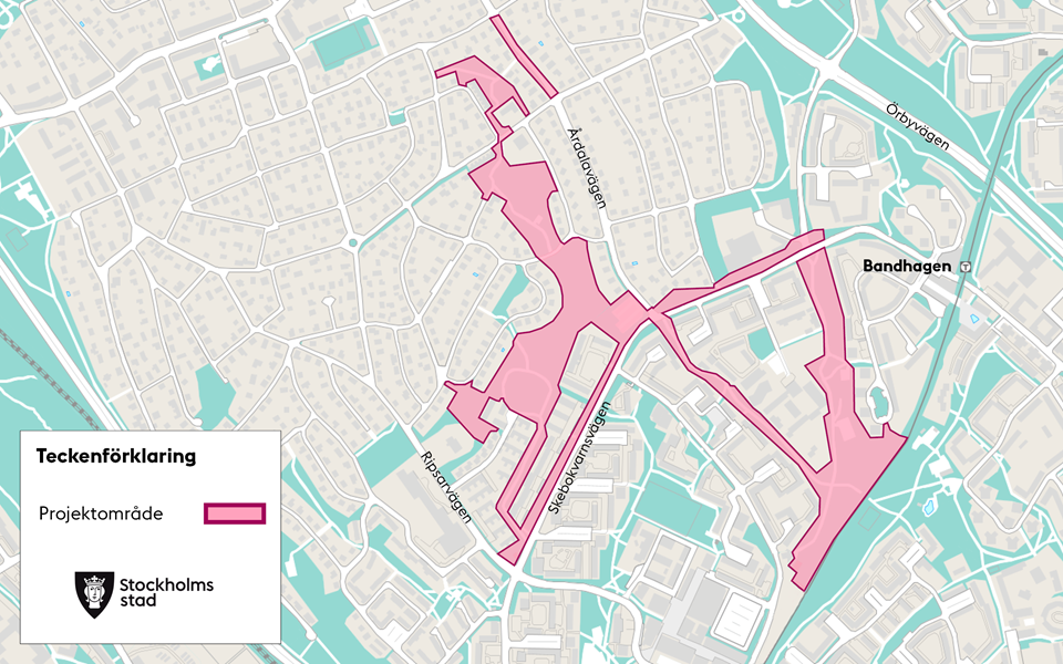 Karta över Örby där projektområdet är markerat i rosa färg.