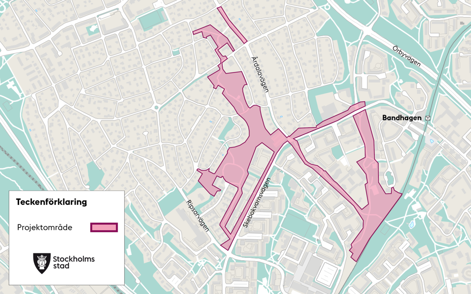 Karta över Örby där projektområdet är markerat i rosa färg.