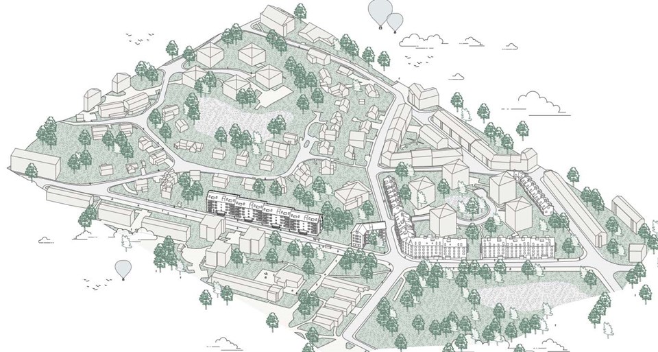 Övergripande modellbild över föreslagen bebyggelse inom planområdet 