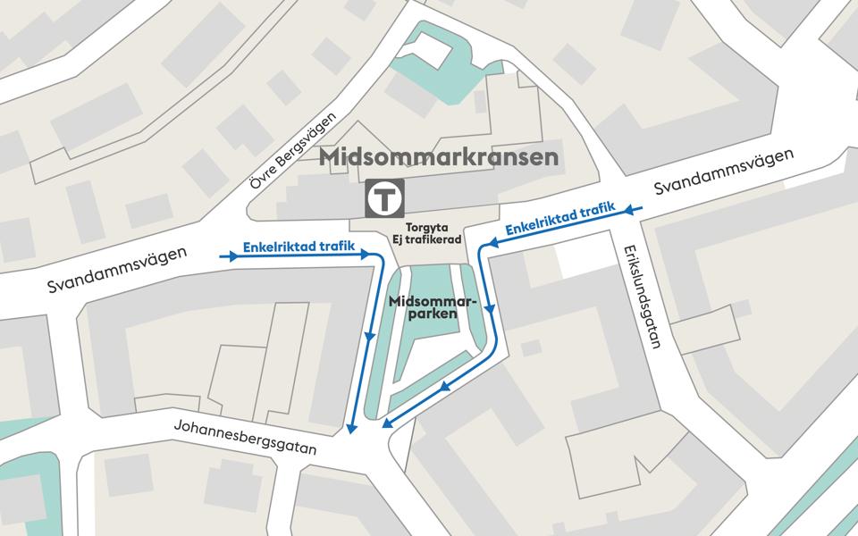 Karta över området och pilar som visar hur trafikregleringen kommer se ut när projektet är klart.