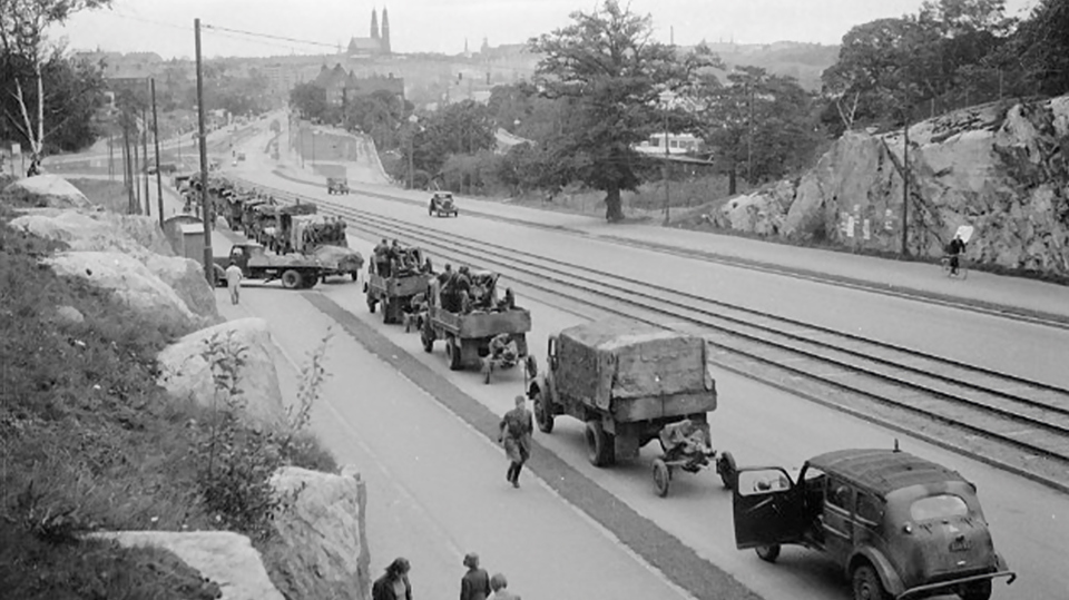 Bild från 1946 på Liljeholmsvägen norrut mot Södermalm.