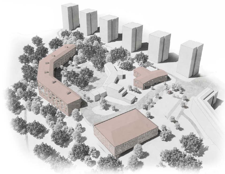 Flygvy över området med nya byggnader, illustration.
