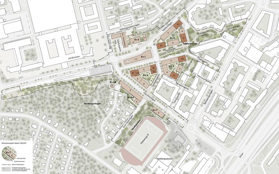Streckad linje visar plangräns. Kvarteren är markerade i orange, siffror på byggnaderna visar våningsantal, illustration.