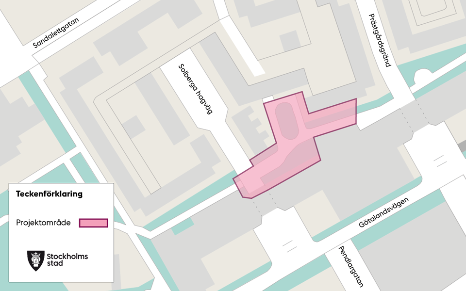 Projektområdet för Prästgårdsstråket markerat i rosa, karta,