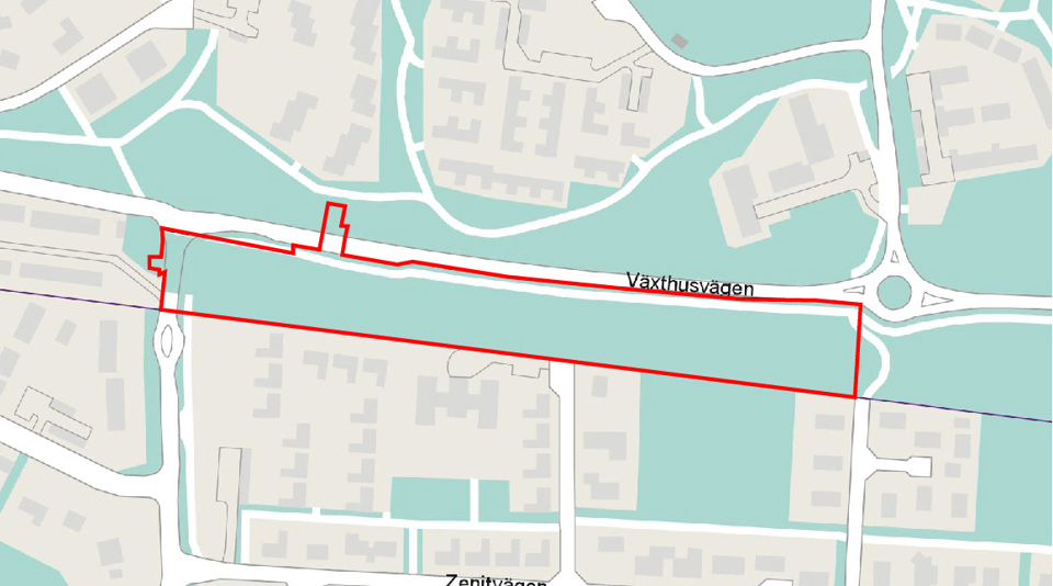 Karta över området med ungefärligt planområde markerat med röd linje.