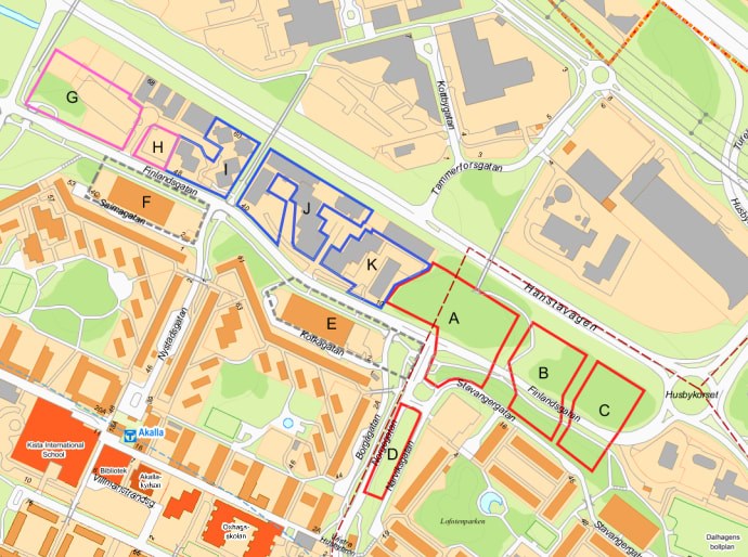 Karta över byggaktörer vid Finlandsgatan.