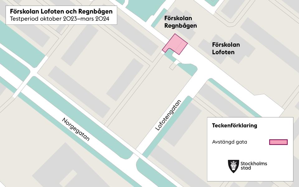 Översikt över området med avstängd gata markerad med rött.