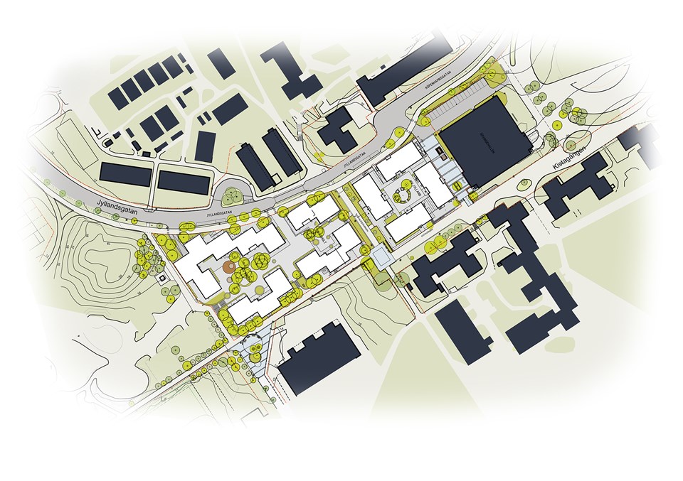 Illustrationsplan där ny bebyggelse och upprustning av närområdet framgår.