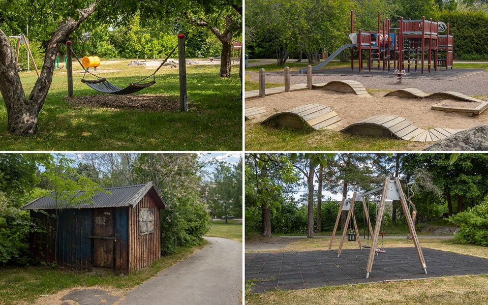 Hängmatta i en park, lekplats, ett brunt skjul och gungställning, collage med fyra bilder.
