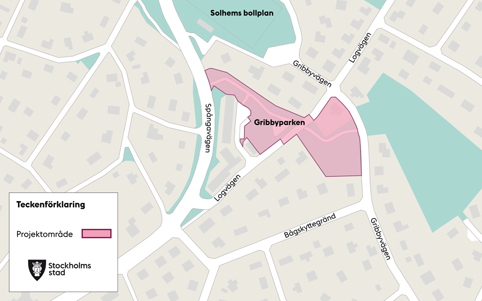 Projektområde för Gribbyparken markerat i rosa, karta.