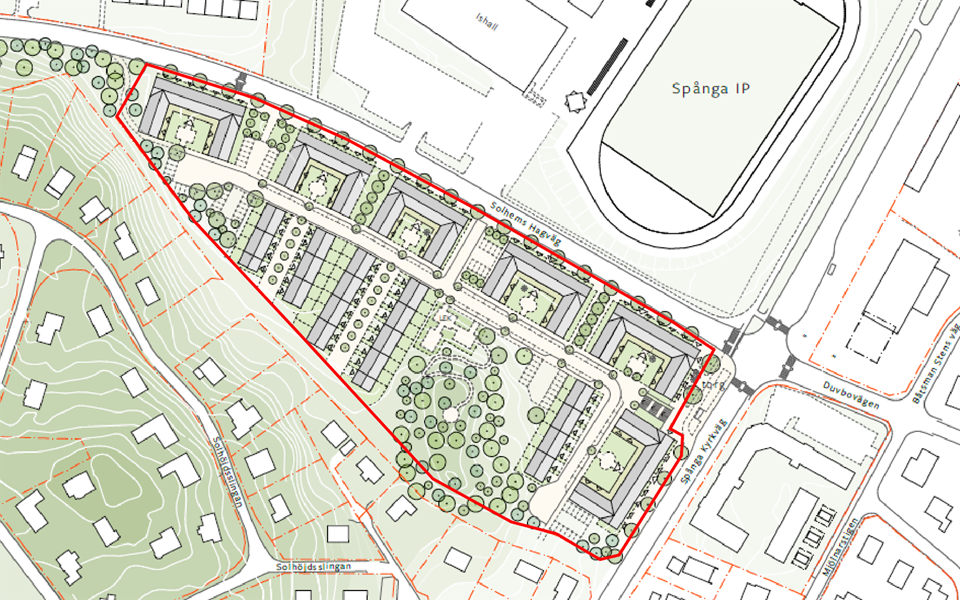 Plan över området med ny bebyggelsestruktur, illustration.
