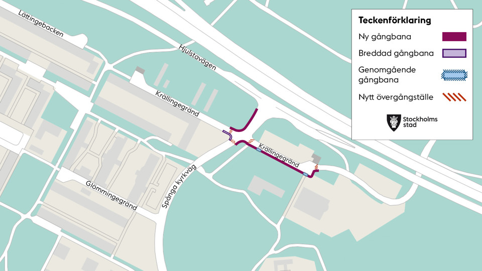 Planerade åtgärder för Krällingegränd och Spånga kyrkväg, karta.