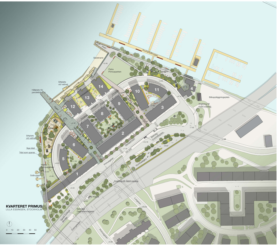 Situationsplan över planområdet där nya byggnader är utritade och markerade med siffror.