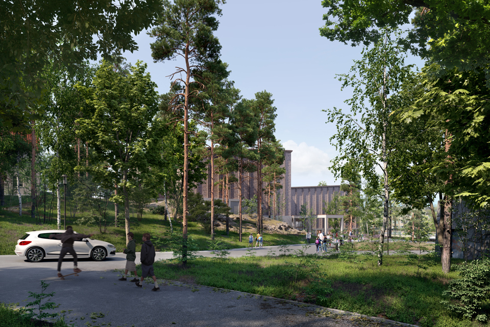 En byggnad med två olika takhöjder. Byggnaden är placerad vid en bilväg, illustration. 