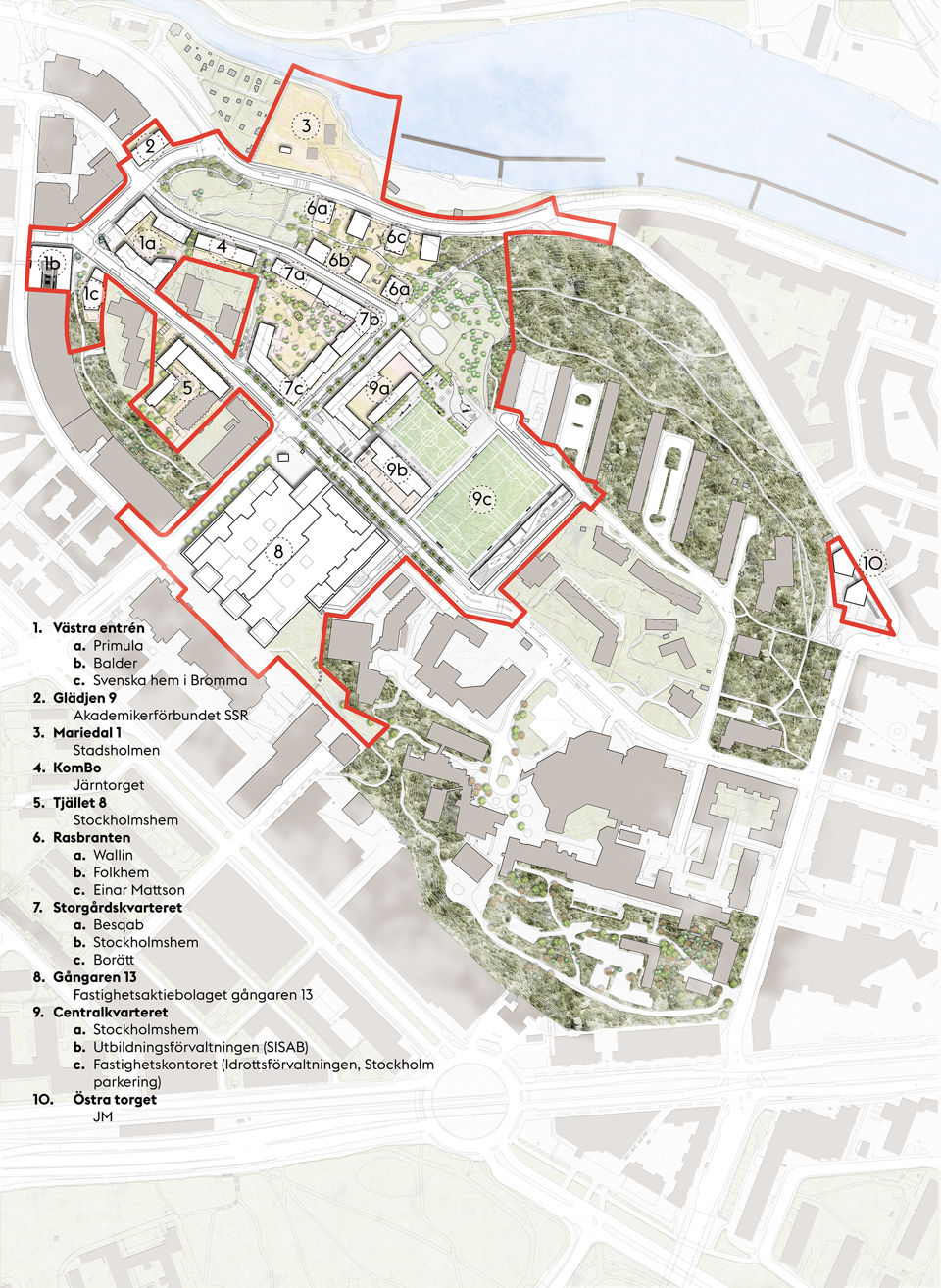Karta över området med respektive byggaktörs område markerat med siffror, illustration.