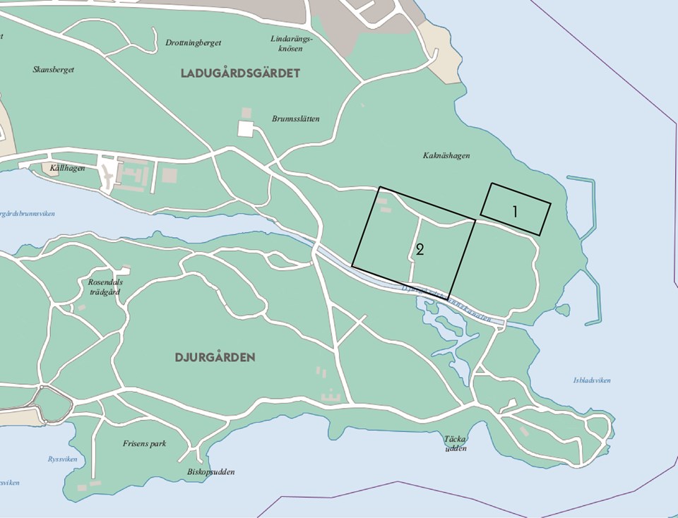 En karta över området där projektets delområde 1 och 2 är markerade.