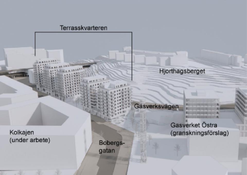 Terrasskvarteren med nya byggnader utritade, illustration.
