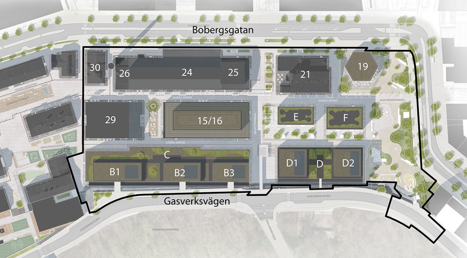 Karta över över området mellan Bobergsgatan och Gasverksvägen där planområdet är markerat med svart linje.