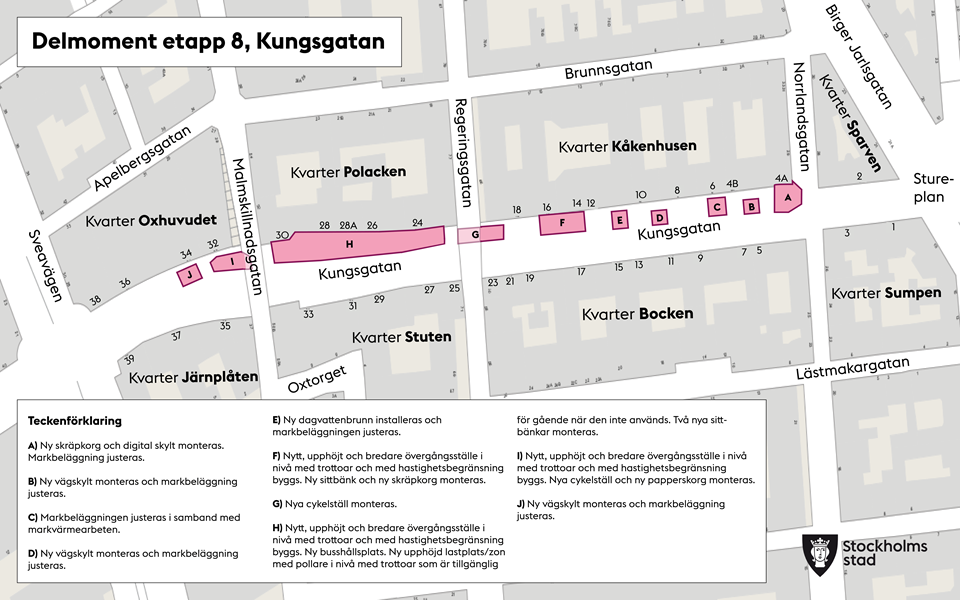 Karta över projekt Kungsgatan och etapp 8 med olika delmomenten markerade.