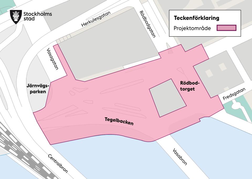 Åtgärder i projektet markerat i olika färger och former. Karta.
