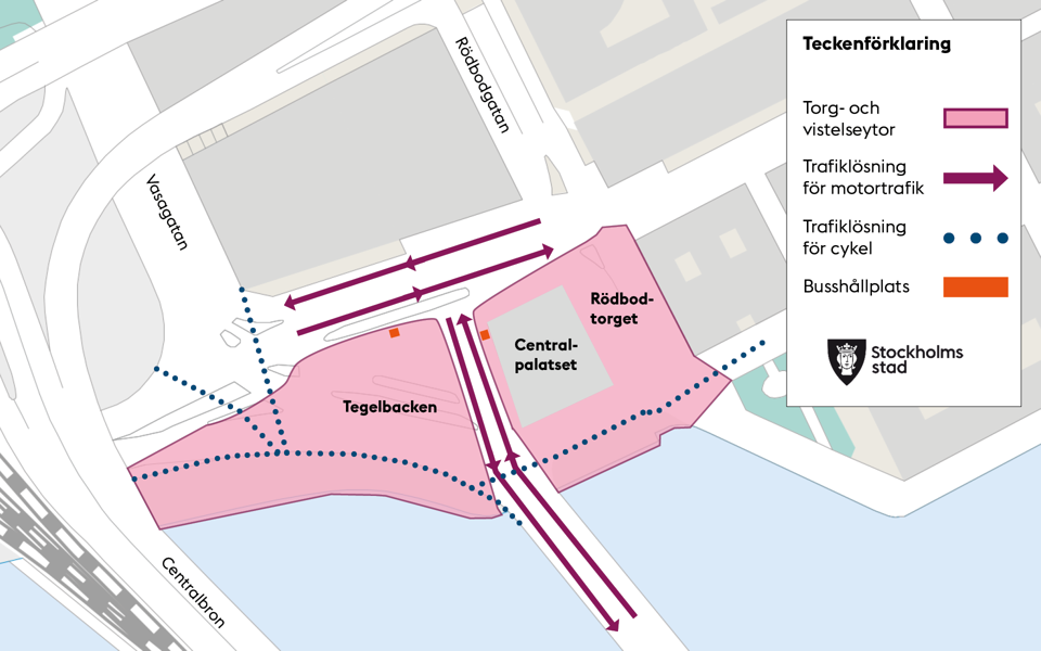 Åtgärder i projektet markerat i olika färger och former. Karta.