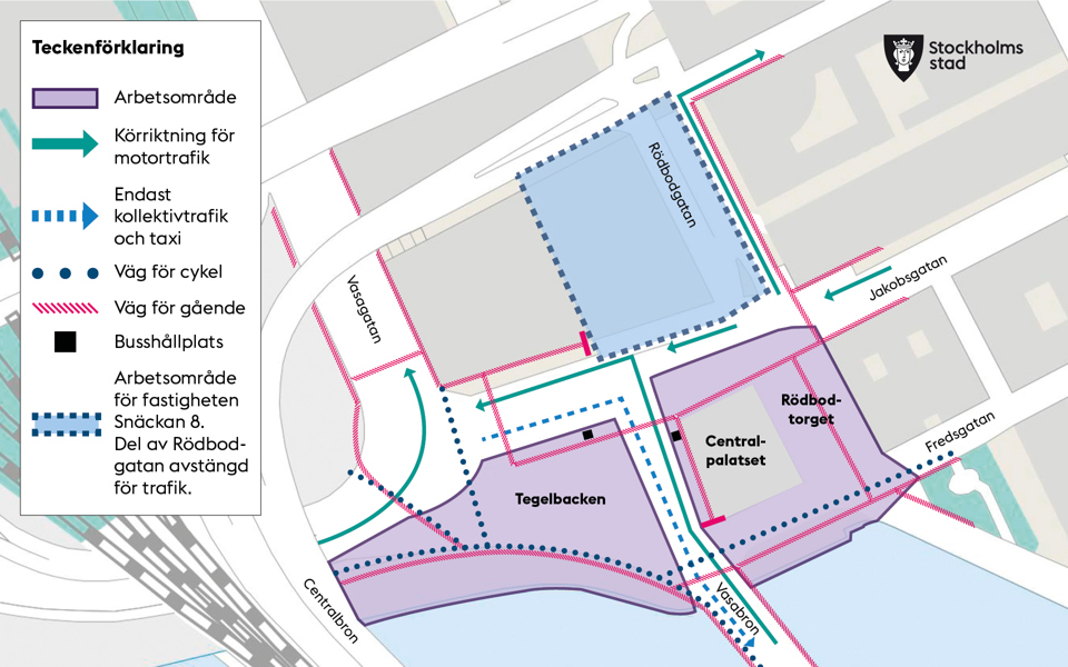 Omledningar för trafiken samt arbetsområde markerat i olika färger och linjer, karta. 