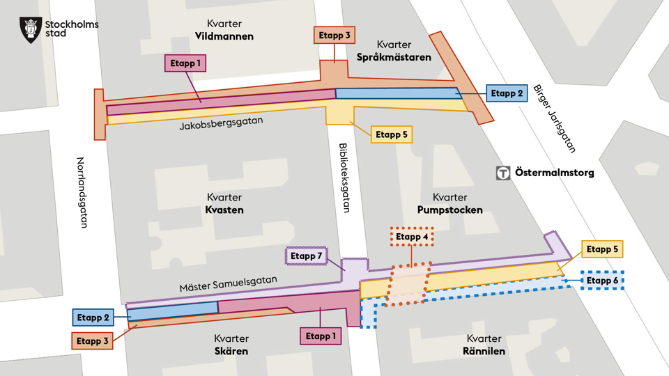 Arbetets olika etapper markerade i olika färger, karta.