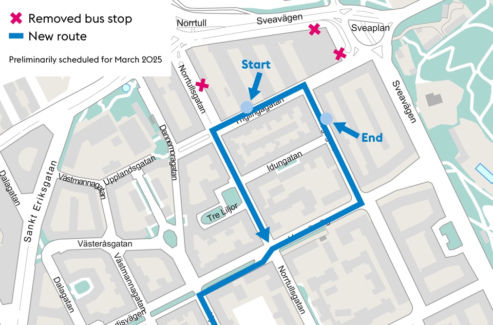 A map illustrating a new bus route with a blue line and indicating stops to be removed with pink crosses.