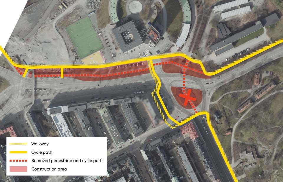 An aerial map showing construction zones and alternative pedestrian and cycling routes.