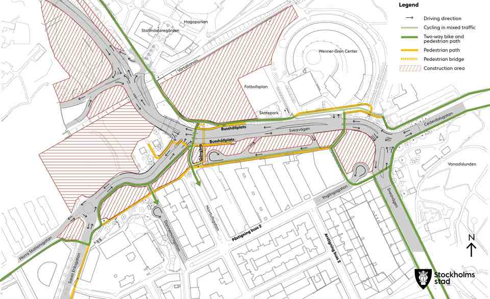 A map illustrating traffic adjustments around the Norrtull and Hagastaden area.