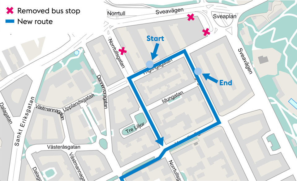 A map illustrating a new bus route with a blue line and indicating stops to be removed with pink crosses