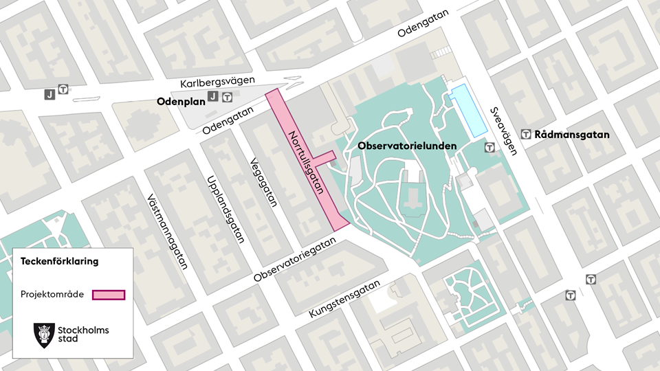 Södra Norrtullsgatans projektområde markerat i rosa, karta.