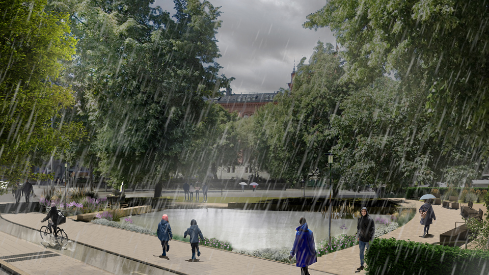 Visionsbild av den nya parken vid regnväder. Vy från Jarlaplans norra hörn på Birger Jarlsgatan.