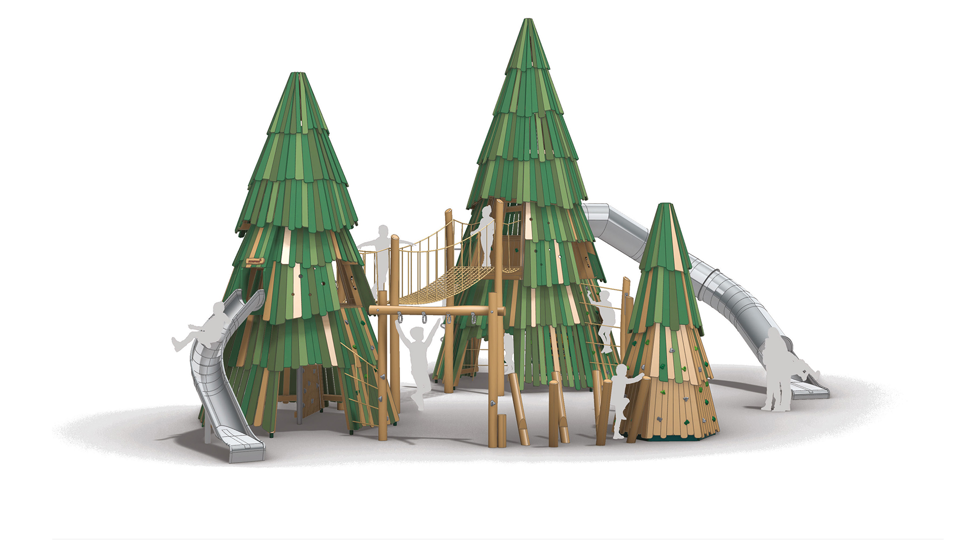 En klätterställning utformad som granar med rutschkanor och hängbro. Illustration.